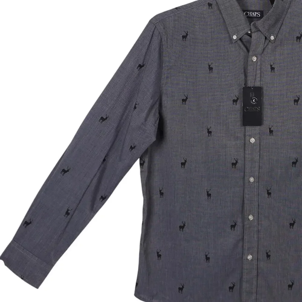 NWT Chaps Button-Up Shirt Men L Gray Deer Elk Print Long Sleeve Cotton Blend - Picture 4 of 8